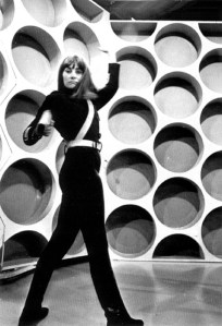 Jean Marsh in black cat suit as Sara Kingdom