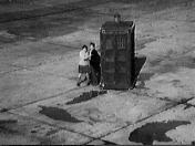 The Tardis lands on the runway of Gatwick Airport