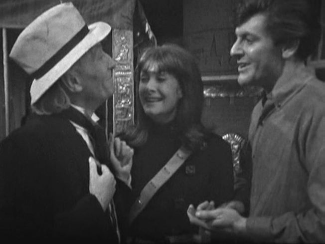 A side view of the hat as the Doctor chats with Steven and the short lived companion Sara Kingdom