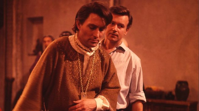 Mark Eden as Marco Polo. Pictured behind him is William Russell as Ian Chesterton.  Both Eden and Russell appear in An Adventure in Space and Time