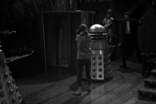 The others depart in the TARDIS leaving Vicki behind