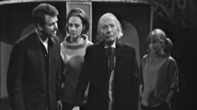 The Doctor and his companions outside of the Dalek time machine in The Chase